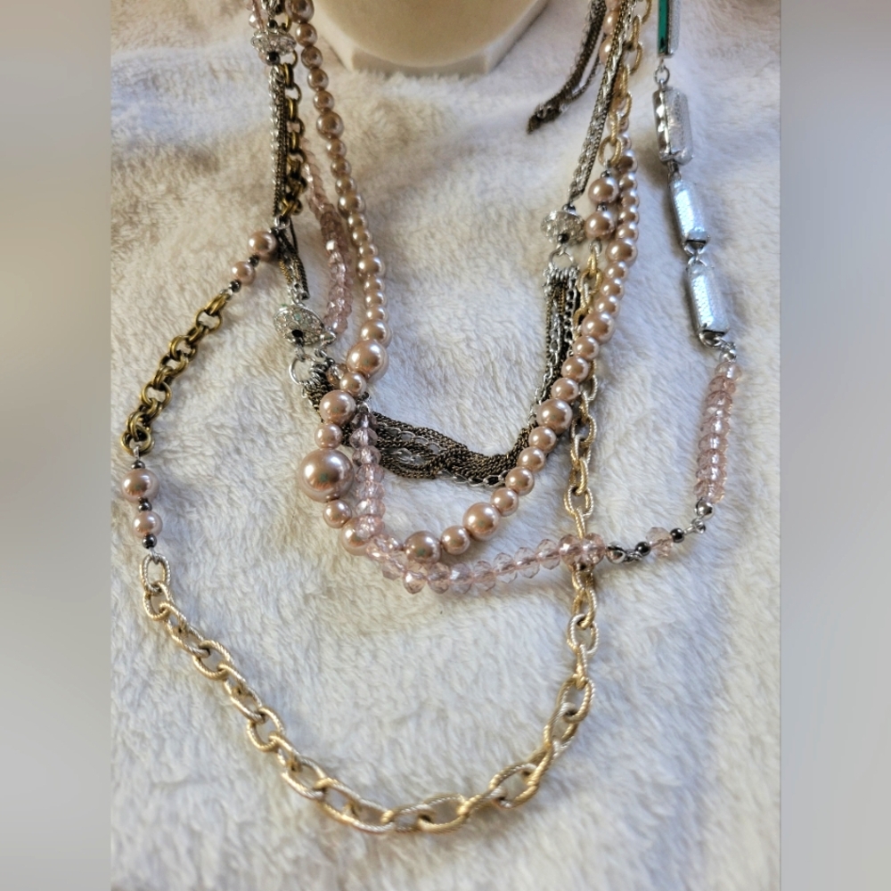 LOFT | Long Silver Tone Crystal Faux Pearl Layered Statement Necklace - Picture 13 of 13